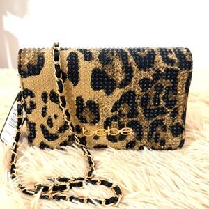 bebe Leopard Crystal Crossbody Mini Bag Gold Chain NWT
